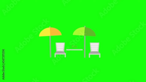 4k video of cartoon deck chair and umbrella on green background.