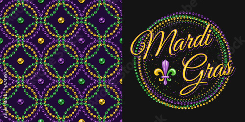 Set of round ornament, seamless geometric pattern for Mardi gras carnival decoration. Fleur de lis, ribbons, string of beads on dark background. For prints, clothing, t shirt, holiday goods, stuff