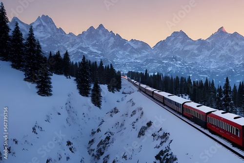 Train rolls through snow covered winter town with backdrop consisting of mountains and starry sky. Generative AI