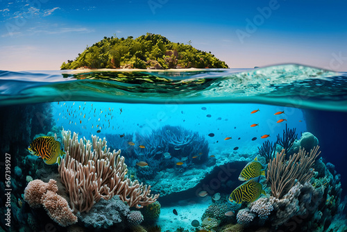 Coral Reef with Fish on Deserted Island