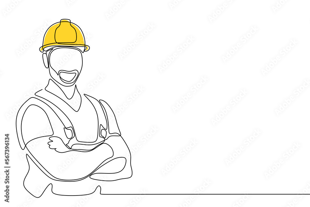 Single continuous line drawing of young construction worker. Building architecture business concept. One line draw design vector Single continuous line drawing of young construction worker. Building architecture business concept. One line draw design vector
