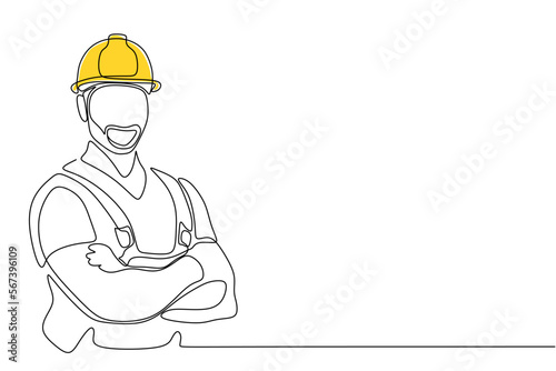 Single continuous line drawing of young construction worker. Building architecture business concept. One line draw design vector
