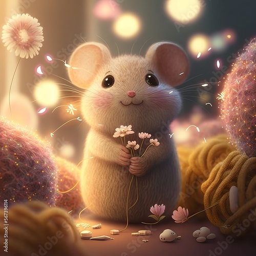  illustration little mouse with flowers children's style fairy tale Generative AI © Dzmitry