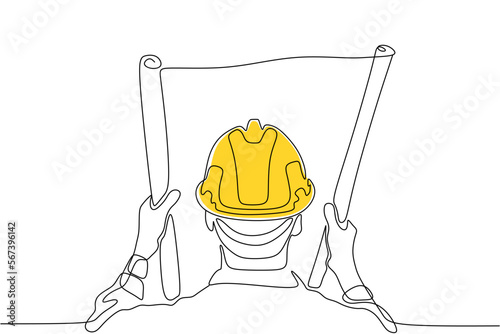 Single continuous line drawing of young construction worker. Building architecture business concept. One line draw design vector