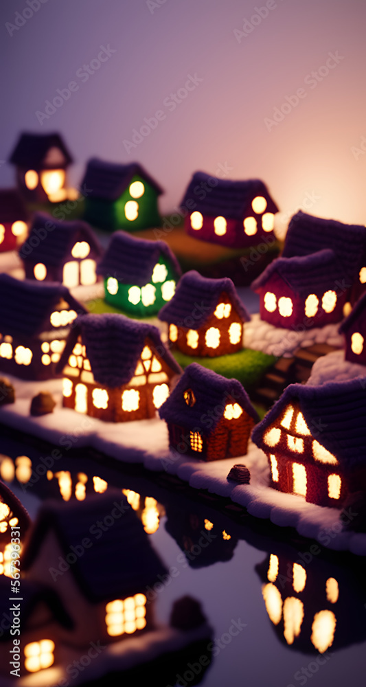 wool village, 3d art design, winter and cozy style, generated by generative ai
