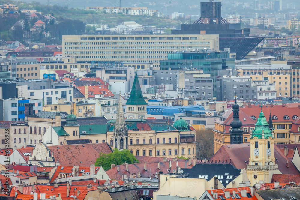 Old Town and modern soviet Bratislava buildings from above, Slovakia