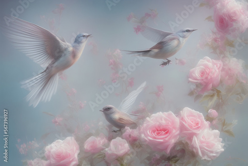 morning flowers with birds. Generative AI