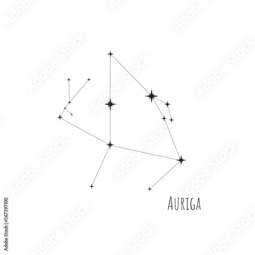 Simple constellation scheme Auriga, Big Dipper. Doodle, sketch, drawn style, set of linear icons of all 88 constellations. Isolated on white background