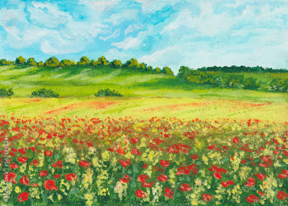 Wild flowers red and yellow with green grass on a yellow field and trees with beautiful clouds on a blue sky Seasonal painting