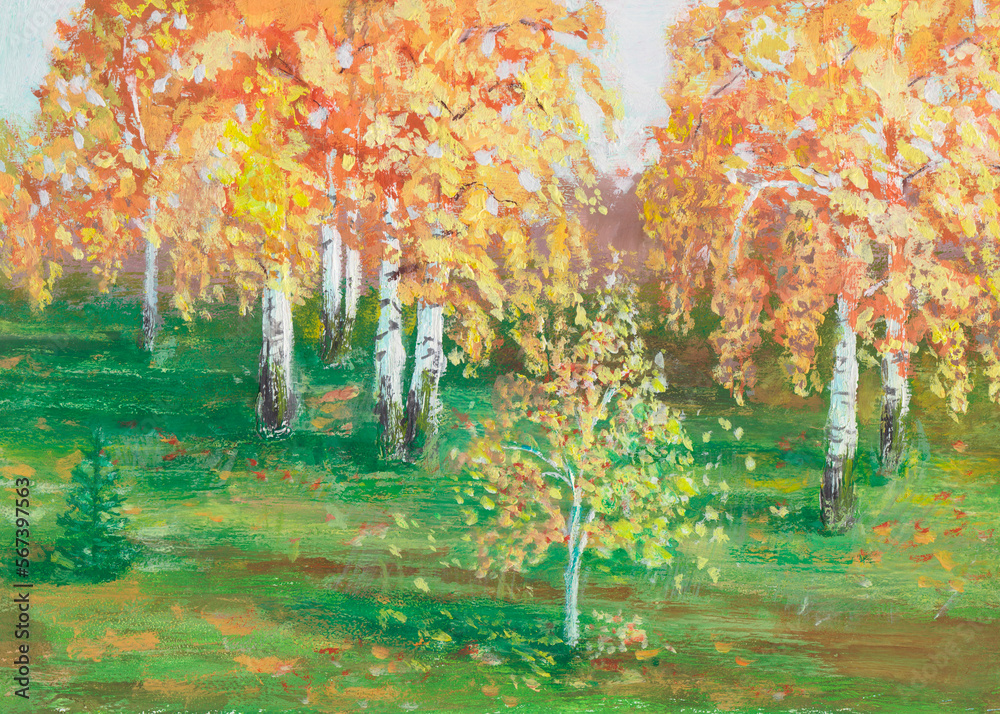 Autumn landscape, trees with yellow and orange leaves on a green lawn in the forest Seasonal painting
