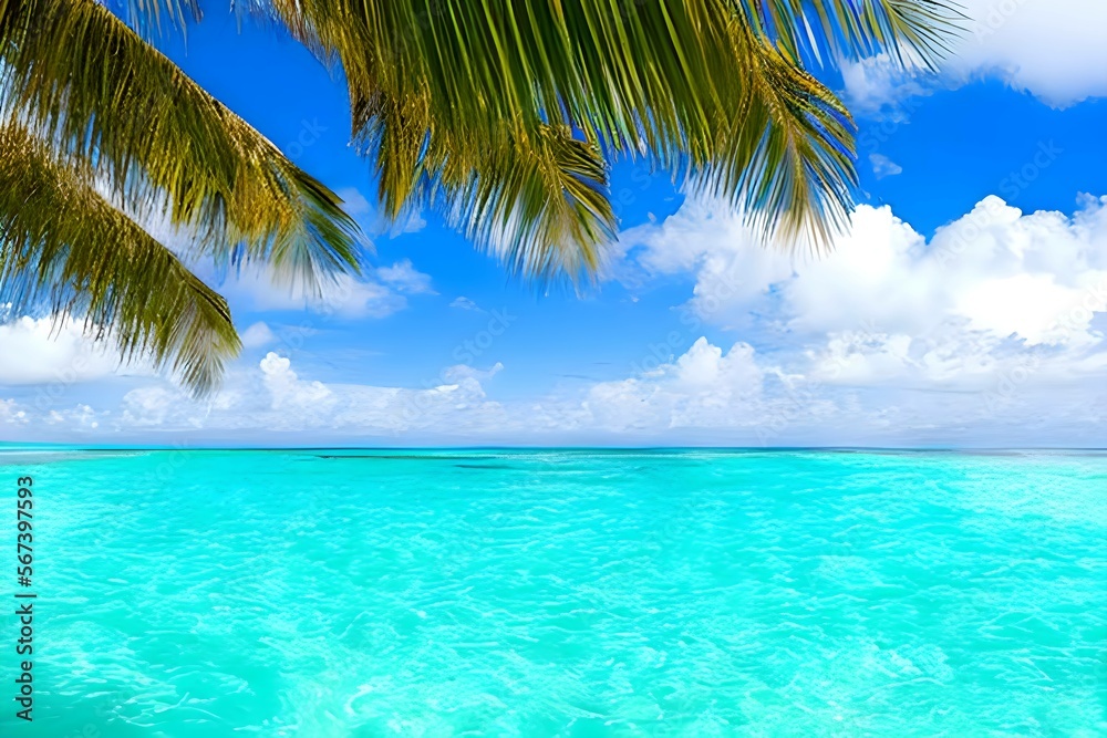 Fototapeta premium A Tropical Paradise: White Sandy Beach with Turquoise Waves and Colorful Sky