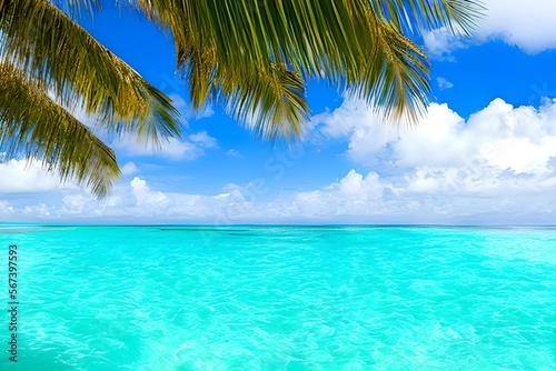 A Tropical Paradise  White Sandy Beach with Turquoise Waves and Colorful Sky