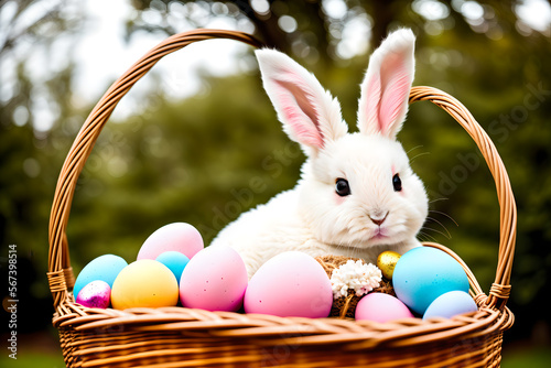 Cute Easter bunny holding a basket of easter eggs
