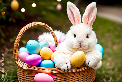 Cute Easter bunny holding a basket of easter eggs