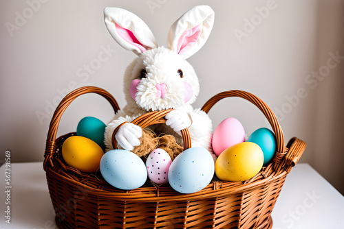 Cute Easter bunny holding a basket of easter eggs
