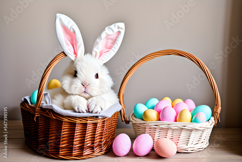 Cute Easter bunny holding a basket of easter eggs