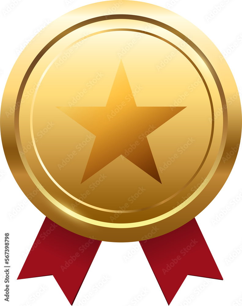 Golden medal with red ribbon .Champion and winner awards Sports medal . Golden medal with red ribbon .Champion and winner awards Sports medal .