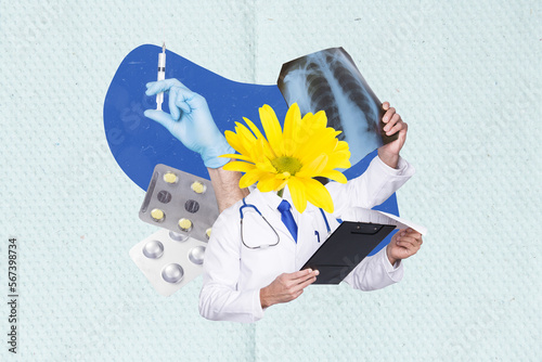 Creative collage image of doctor flower instead head read clipboard document hand hold syringe x-ray lungs examination photo