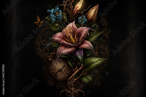 Steampunk Stil, Blumen geschmückt mit einer Taschenuhr - Illustration photo