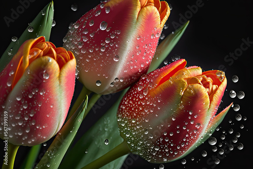 Red tulips with droplets after the rain. Close-up. Realistic illustration. Generative AI photo