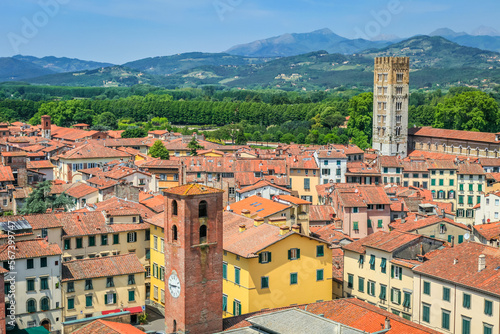 Historical medieval town Lucca with old buildings and towers, Tuscany, Italy