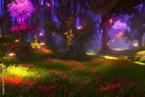 Fairy forest at night. fantasy glowing flowers and lights. Generative AI