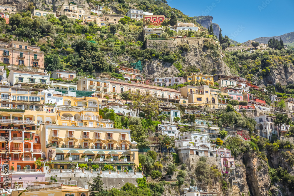 Above Positano city cliffs and marina with boats and yacht, amalfi coast, Italy