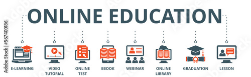 Online education banner web icon vector illustration concept with icon of e-learning, video tutorial, online test, ebook, webinar, online library, graduation, lesson