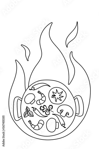 Ingredients for Wok pan with fire. vector doodle flat asian wok symbols set. Vegetables with seafood for menu design.