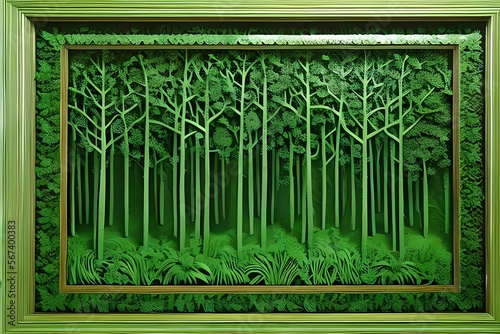 Green Spring Forest Papercut Frame. Generative AI