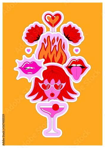 Bright hot sensual composition of woman, lips, roses, flame, cocktail on yellow background. Vector illustration for Valentine's Day. Love and passion. Poster, postcard, cover