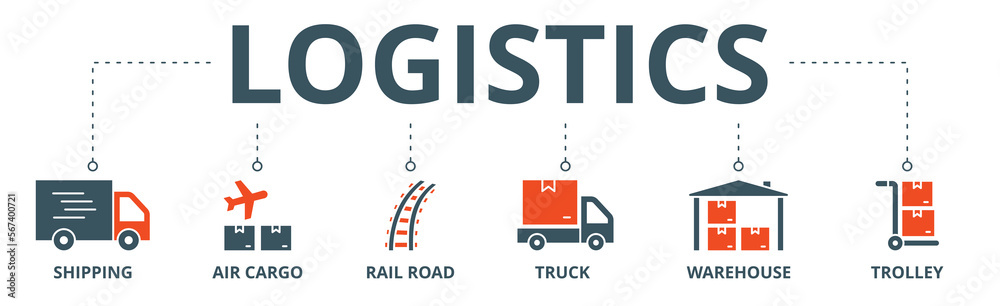 Logistics banner web icon vector illustration concept with icon of shipping, air cargo, rail road, truck, warehouse, trolley Logistics banner web icon vector illustration concept with icon of shipping, air cargo, rail road, truck, warehouse, trolley