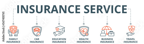 Insurance services banner web icon vector illustration concept with icon of family, car, education, health, business, and travel insurance