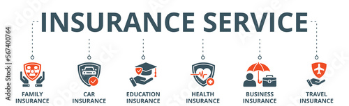 Insurance services banner web icon vector illustration concept with icon of family, car, education, health, business, and travel insurance