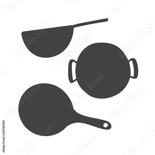 Wok frying pan set in flat doodle stiye. Vector illustration of kitchen tools