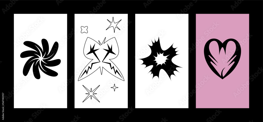 Vector iset of design templates backgrounds with Y2k icons- brutalist design tattoo. Frames and prints for social media stories.