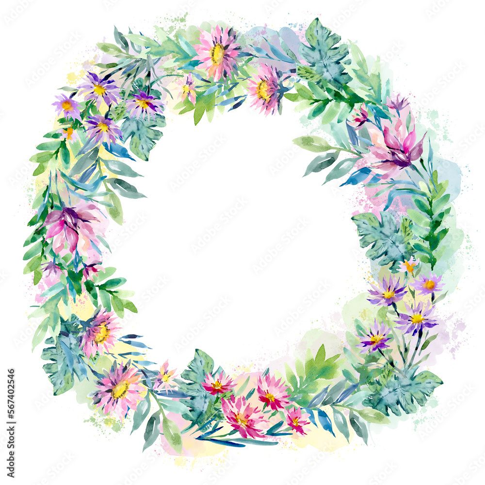A wreath of watercolor flowers on a white background. Round floral text frame. Wedding background wreath of flower buds and leaves