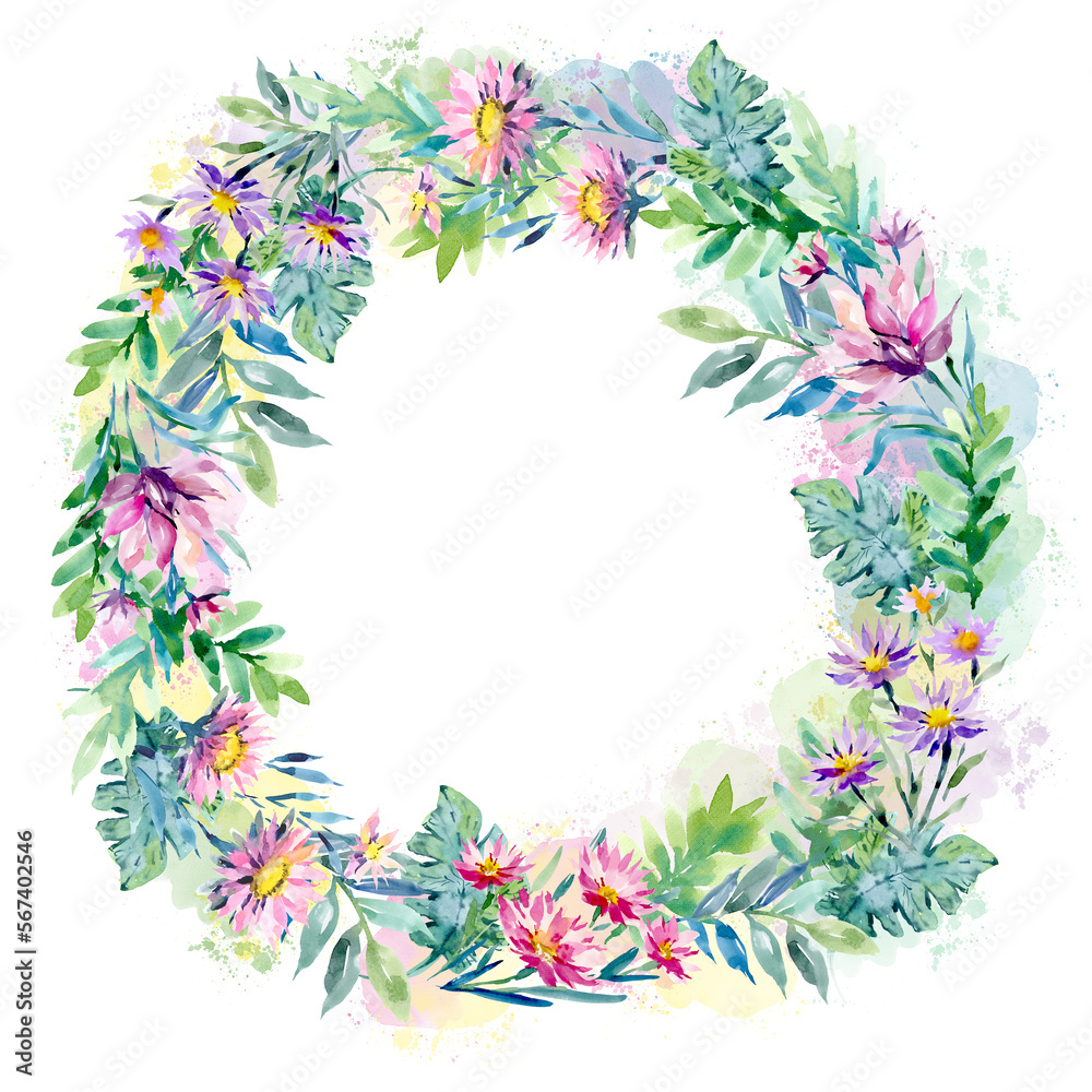 A wreath of watercolor flowers on a white background. Round floral text frame. Wedding background wreath of flower buds and leaves A wreath of watercolor flowers on a white background. Round floral text frame. Wedding background wreath of flower buds and leaves