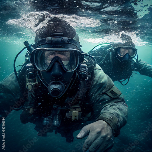 soldier army scuba diver in the sea during war, going towards camera, blue water, ai art