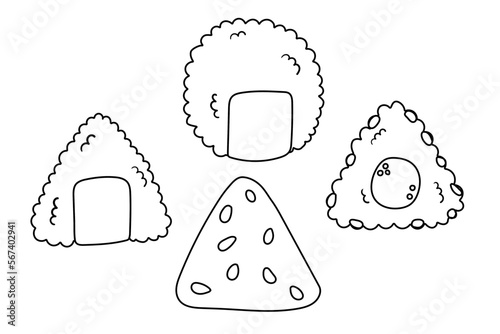 Set of traditional onigiri isolated on white background. Sushi set icons in doodle flat style.
