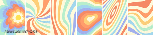 Retro groovy distorted rainbow art poster set. Psychedelic hippie style colorful twisted backgrounds with distortion. Vintage hippy flower and heart abstract eps banners. Trendy y2k pop culture bright