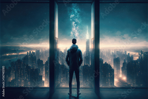 a business man stands in front of a huge window on the top floor of a skyscraper and looks at the evening city in lights