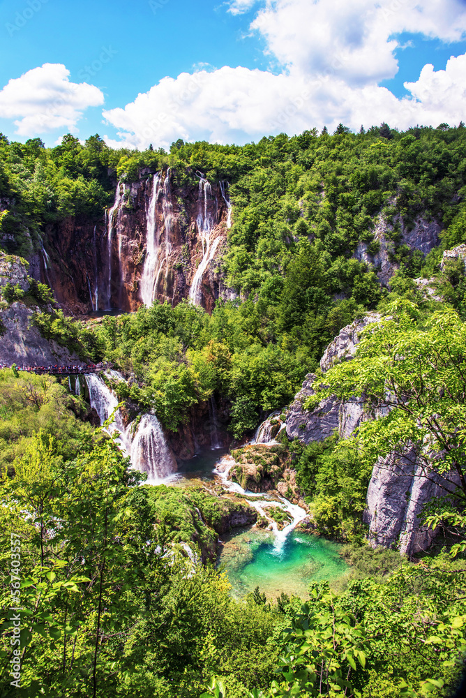 Magical beautiful, breathtaking scenic scenery with waterfalls in the national reserve in Plitvice, Croatia. Charming places. Panorama.