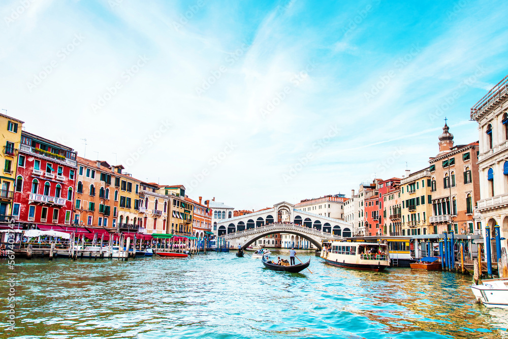 magical landscape with gondola on the Grand Canal in Venice, Italy. popular tourist attraction. Wonderful exciting places. (vacation, rest - concept)