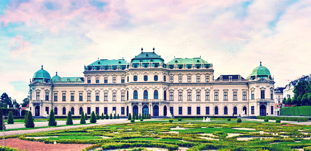 VIENNA, June 16, 2021: Beautiful landscape with  Belvedere gardens in Vienna, Austria, Europe. Travel to Vienna.