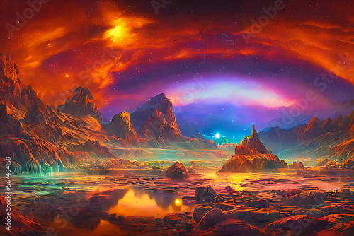 Alien Planet Landscape With Fantasy Colours created with Generative AI technology