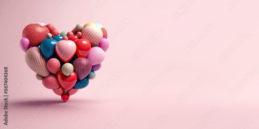 Mehrfarbige Luftballons in Herzform auf rosa Hintergrund, Generative AI 