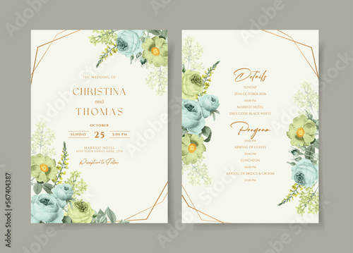 Wedding invitation template set with beautiful floral and leaves decoration