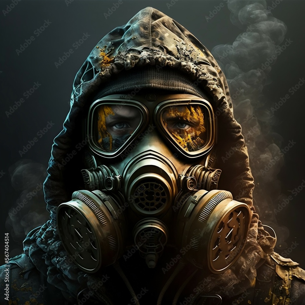 Stalker soldier in gas mask and military hoodie jacket looking at ...