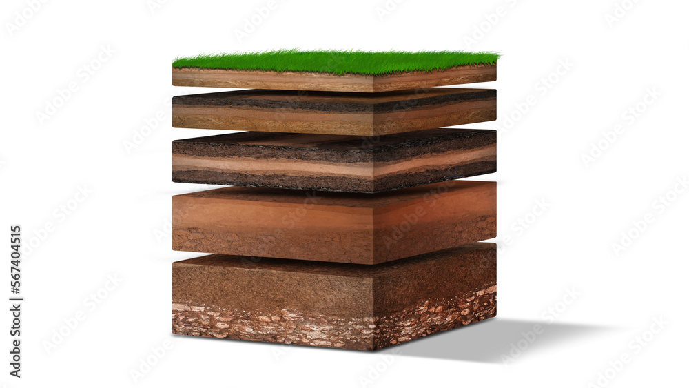 Isometric Soil Layers diagram, Cross section of green grass and underground soil layers beneath, stratum of organic, minerals, sand, clay, Isometric soil layers isolated on white Isometric Soil Layers diagram, Cross section of green grass and underground soil layers beneath, stratum of organic, minerals, sand, clay, Isometric soil layers isolated on white
